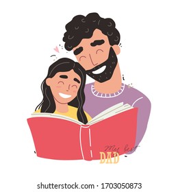 Father reading a book to his daughter. Happy loving family and Fathers Day. Vector illustration of family concept