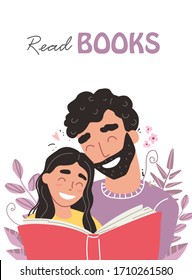 Father reading a book to his daughter. Happy loving family and Fathers Day. Vector illustration of family concept