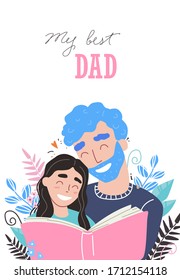 Father reading a book to his daughter. Happy loving family and Fathers Day. Vector illustration of family concept