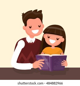 Father reading a book to his  daughter. Vector illustration of a flat design