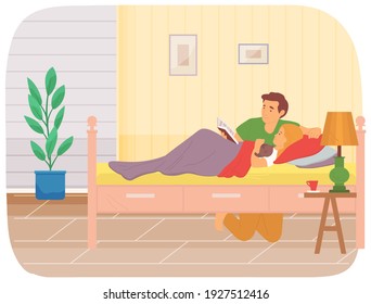Father is reading book for his happy daughter next to bed. Little girl with Teddy bear listening to dad read book in bedroom. Man on maternity leave with child. Person is taking care of daughter