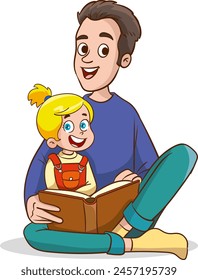 Father is reading a book to his little daughter sitting on his lap. The Image Conjures Warmth, Family Bonding, and the Joy of Storytelling with Family Characters. Cartoon People Vector Illustration