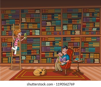 Father reading a book to his son on a big library. 