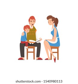 Father Reading a Book to his Son, Boy Sitting on Fathers Knees, Mother Sitting Next on Chair Vector Illustration