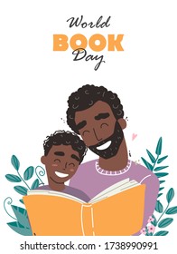 Father reading a book to his son. Happy loving family and Fathers Day. World book day. Vector illustration of family concept