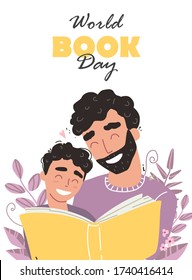 Father reading a book to his son. Happy loving family and Fathers Day. World book day. Vector illustration of family concept