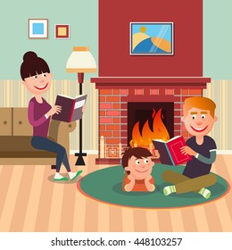 Father Reading Book to his Son near Fireplace. Mother with Book. Vector illustration