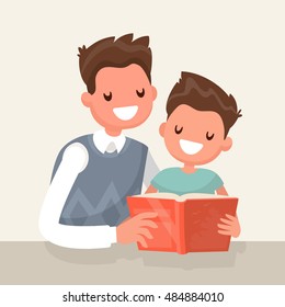 Father reading a book to his  son. Vector illustration of a flat design