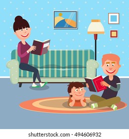 Father Reading Book to his Son. Vector illustration