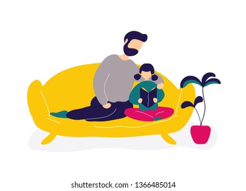 Father reading book with little daughter on sofa. Flat modern trendy style.Vector illustration character icon. Isolated of white background.