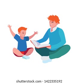 father reading book with son characters