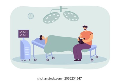 Father reading book to son in coma. Unconscious boy lying in hospital bed, man holding book flat vector illustration. Family, health, love, care concept for banner, website design or landing web page