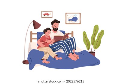 Father reading book together with his son. Dad and child in bed. Daddy and kid with storybook. Parent and boy resting at cozy home. Flat vector illustration of family isolated on white background.