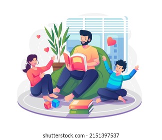 Father reading a book together with his son and daughter at home. Daddy and kids sitting together with storybooks. Happy Father's Day. Flat style vector illustration