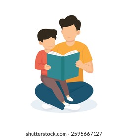 Father reading book together with his son. Daddy and kid with storybook. Isolated on white background vector illustration