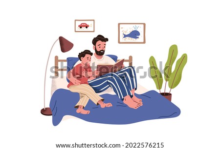 Father reading book together with his son. Dad and child in bed. Daddy and kid with storybook. Parent and boy resting at cozy home. Flat vector illustration of family isolated on white background.