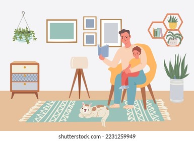 Father reading book together with son. Dad holding child and sitting in armchair in living room. Daddy telling a fairytale to kid. Parent and boy spending time together at home vector