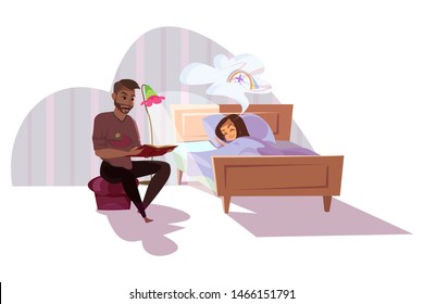 Father Reading For Daughter Flat Illustration. Parent And Spending Time Together Cartoon Characters. Kid Sleeping In Bed, Dad Reading Bedtime Story, Fairytale In Book Isolated Clipart