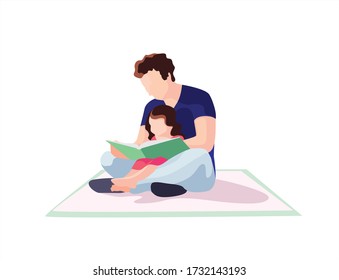 Mi padre está leyendo un cuento de hadas a su pequeña hija. Los niños se desarrollan cuando leen libros. Feliz día del padre. Padre e hija se divierten. está enseñando a su hijo. Ilustración vectorial, aislada 