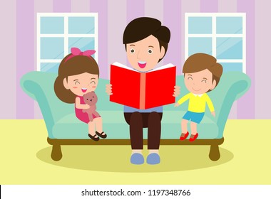 father reading fairy tales to his son and daughter, family, reading and telling book fairy tale story, Kids Listening to Their dad Tell a Story, Vector Illustration background