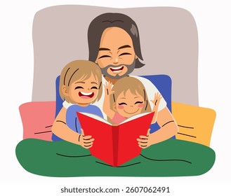 Father Reading Fairytale Book To His Children Vector Illustration. Happy parent holds book and spends time with his child in bed family togetherness concept