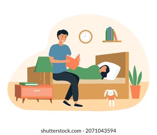 Father reading at night. Man spends evening with his daughter. Family vacation after work. Dad puts children to bed. Apartment, lifestyle, home, indoor, comfort. Cartoon flat vector illustration