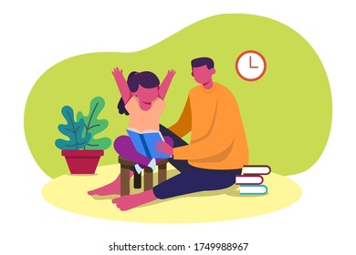 Father Reading a Storybook To Her Child, Minimalist Flat Illustration