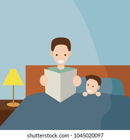 father reading tale for his son in the bed at night illustration.