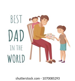 Father reads a book for children daughter and son shows pictures sitting on the chair. Vector cartoon illustration
