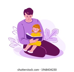 Father reads a book to a little girl, daughter. Family vacation concept. Vector illustration in flat cartoon style. Isolated on a white.