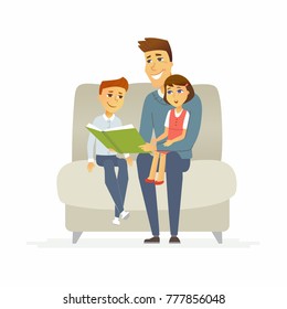 Father reads a fairytale - cartoon people characters isolated illustration on white background. Young smiling man with his two children is sitting on a sofa holding a book. Happy family concept