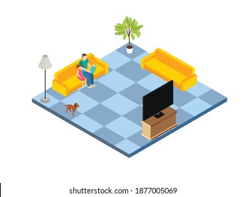 Father reads story to daughter isometric 3d vector concept for banner, website, illustration, landing page, flyer, etc.