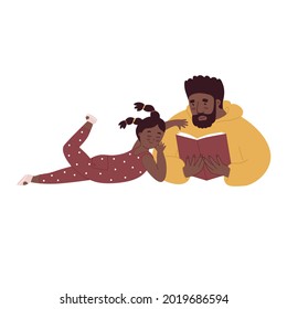 Father reads the story to his daughter. Reading books at night. Flat style in vector illustration. Family day, child education, single father, black skin people, alphabet. Isolated. 