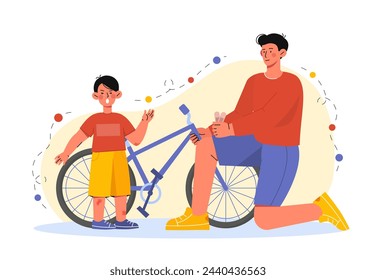 Padre reparar la bicicleta. Hombre con chico y caja de herramientas, llave inglesa y yeso. Ayuda de los padres para el niño que llora. Trabajar en garaje con instrumento. Ilustración plana del vector de la historieta aislada sobre fondo blanco