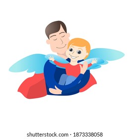 Father in a red cloak and the image of a Superhero holds a small happy child in his arms. The concept of family, single father, fatherhood, childhood. Illustration in flat cartoon style.