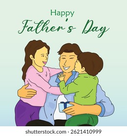 Pai se alegra com sua criança ilustração design plano, Pai com filha e filho compartilhando amor no dia dos pais, família divertido fundo modelo