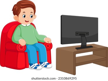 a father is relaxing on a red sofa and watching television of illustration