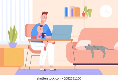 Father Remote Work. Busy Parent Working At Computer With Kid In Home Office, Freelance Employee And Child, Internet Job Flexible Schedule, Worker Stress, Splendid Vector Illustration. Parent Freelance