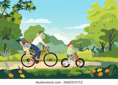 Father rides bicycle with the child in the child seat. Modern dad cycling bike with kid in public garden. Family holiday. Daddy together with daughter at leisure outdoor. Flat vector illustration