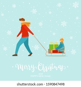 Father rides his little son on sleigh with big holiday gift. Christmas winter theme on blue background with snowflakes. Cartoon illustration can be used for holiday design, cards, invitation, banners.