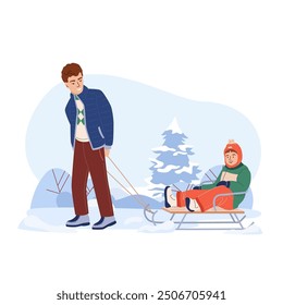 Father rides his son on a sleigh on the snow. New Year, Christmas holidays active and fun spending time together. Winter fun vector illustration in cartoon style isolated on white.