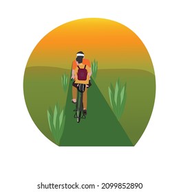 A father riding a bicycle with his son vector flat illustration.