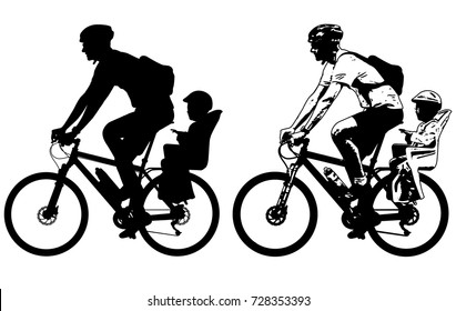 Father Riding A Toddler In Bicycle Baby Seat Silhouette And Sketch - Vector