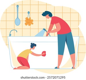 Father rinsing bathtub with shower head while son wiping it with sponge, family doing housework together, man and child performing domestic chores, bathroom interior with tiled walls