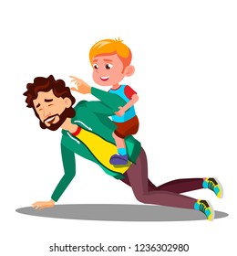 Father Rolling On His Back A Small Son Vector. Isolated Illustration