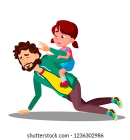 Father Rolling On His Back A Small Daughter Vector. Isolated Illustration
