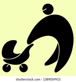 Father rolls the baby carriage vector stylized silhouette pictogram, logo.