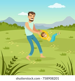 Father rotating his son on nature  dad and son playing together on meadow, family leisure flat vector illustration