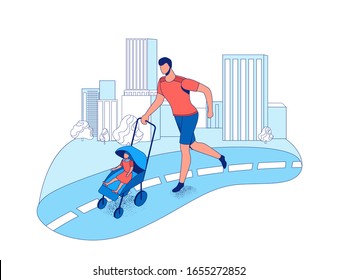 Father running marathon with baby in stroller in the city, parent and kid take part in race outdoors, cartoon vector flat illustration with people jogging