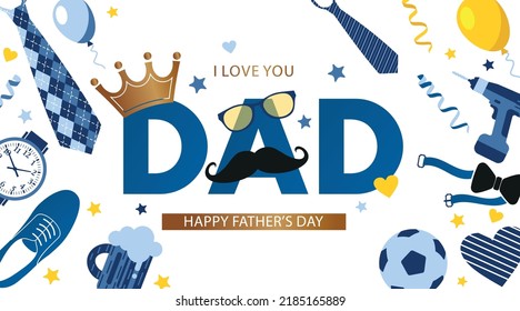 Father s Day banner template with necktie, glasses, crown and gift box on white. Greetings and presents for Father s Day in flat style. Promotion and shopping template for love dad concept.